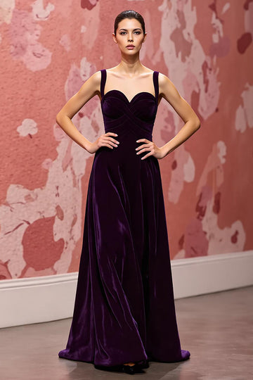 Velours Simple Violet Foncé Une Ligne Longue Robe De Fête